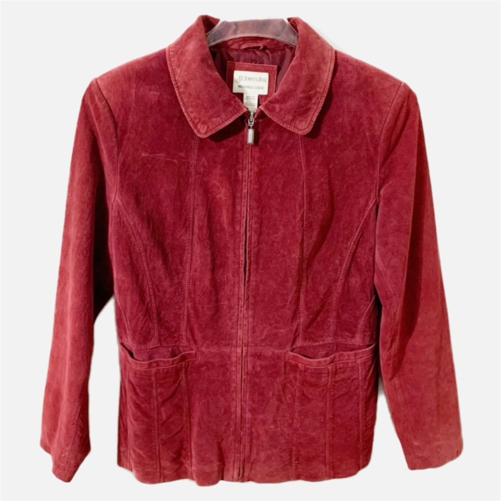 St. John’s Bay Washable Suede Front Zip Jacket Point Collar Front Pocket Lined